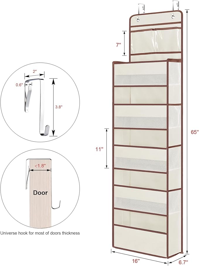 Univivi Over The Door Organizer - Wall Mount Hanging Organizer with 5 Large Compartments, 2 Small PVC Pockets and 8 Mesh Side