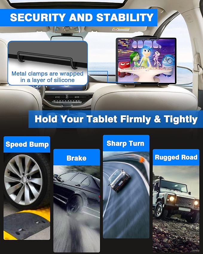 WONNIE Upgrade Tablet Holder for Car, Car Headrest Mount Holder for Back Seat, Car Tablet Mount for Kids with Silicone Strap & Anti-Slip Holding Clamps, Fits All 10-12.9" Tablets