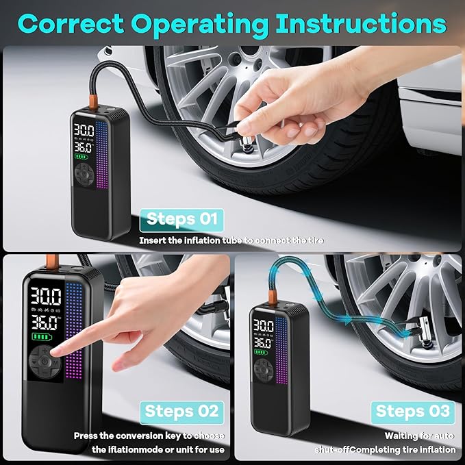 Tire Inflator Portable Air Compressor,150 PSI Cordless Air Pump, 12V DC Car Plug,Dual Power 10000mAh, Fast Inflation 24L/Min, 4 Preset Modes for Car, Bike, Motorcycle, Balls (Black, 10000mAh)