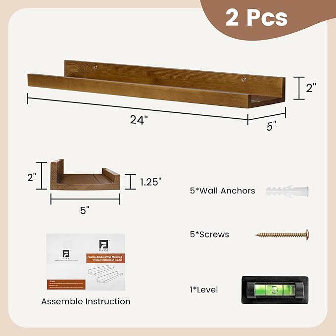Picture Ledge Wall Shelves 24 inch Width Set of 2, Solid Pine Wood Rustic Floating Ledge Shelves for Wall for Kids' Room Bedr