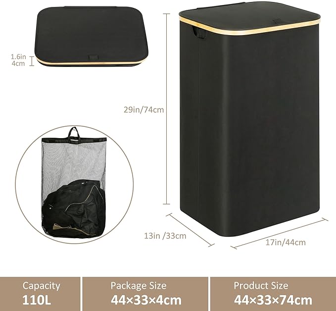 iEGrow Laundry Hamper with Lid, 110L Large Laundry Hamper with Handle and Lid, Collapsible Clothes Basket Organizer with Remo