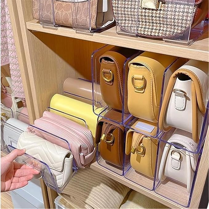YAGELI Clear Acrylic Purse Organizer for Closet, 3-4 Section Desk File Sorter, 2.95" Wide Slots for Clutches, Handbags, Binde