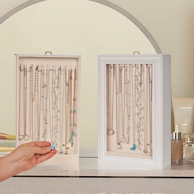 Necklace Organizer Box - 2-Layer Double-Sided Clear Lid Jewelry Storage Case, Anti-Tangle Necklaces Display Holder for Pendan