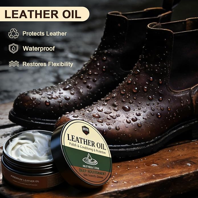 Leather Care Kit - Leather Polish, Cleaning & Conditioning Kit with 100g Saddle Soap & 100g Leather Oil, 2 Horsehair Brushes,