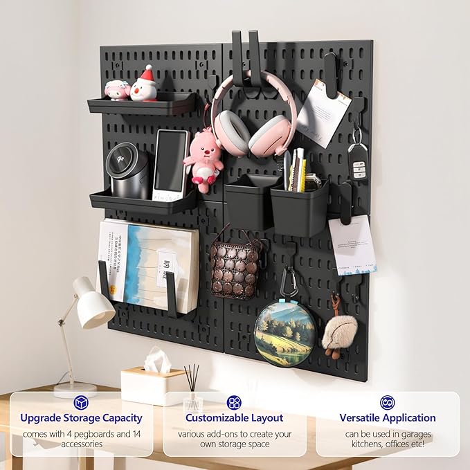 Pegboard Combination Kit, Modular White Pegboard Wall Organizer with 4 Pegboards & Accessories Hanging for Gaming Office Wall