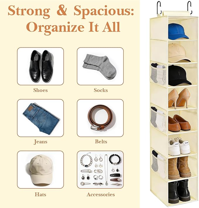 VERONLY Hanging Shoe Organizer for Closet with 8 Shelves,Mesh Pockets-Wider Hanging Shelves for Shoes,Clothes,Hats With Sturd