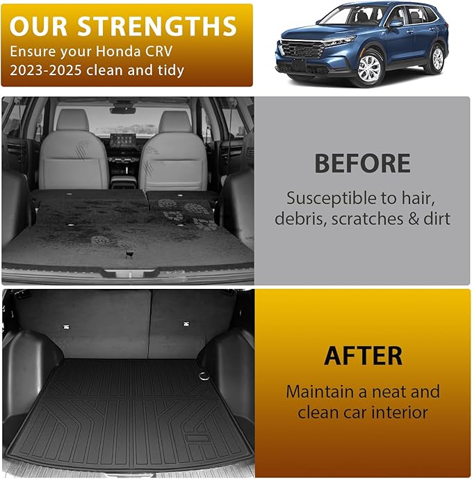 Powerty Floor Mat & Cargo Liner for Honda CRV 2023-2025 2026 (Include Hybrid), All Weather TPE Custom 1st & 2nd Row Floor Liner and Trunk (Upper Positon) Full Set Car Liners, Black