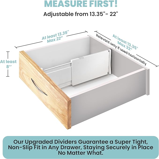 RAPTUROUS Adjustable Drawer Dividers, 8" Tall, Expandable 13.35-22", 6-Pack, Non-Slip for Deep Drawers in Kitchen, Bedroom, a