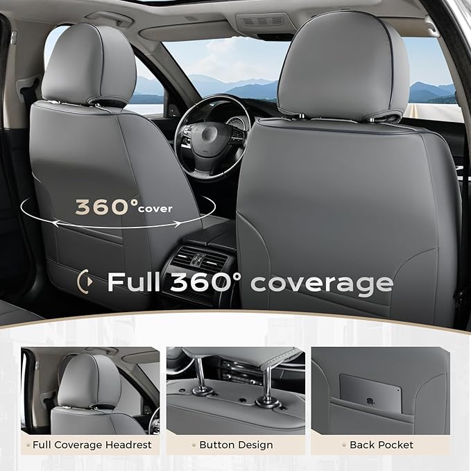 Coverado Seat Covers, Car Seat Covers Full Set, Leather Seat Covers for Cars, Car Seat Protector, Gray Car Seat Covers Front 