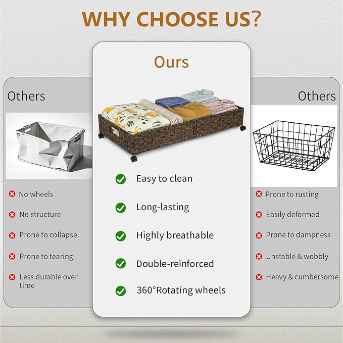 Under Bed Storage with Wheels, 40L Large Rolling Underbed Shoes Storage Boxs, Handwoven Rattan Under Bed Storage Organizer Dr