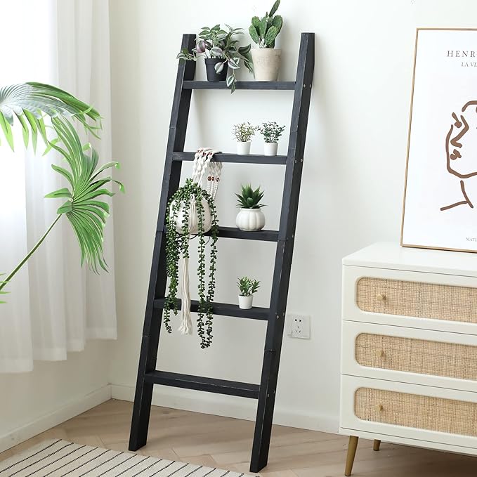 FUIN 5ft (58") Wood Blanket Ladder Living Room Decorative Wall Leaning Farmhouse Quilt Display Holder Shelf Rustic Wooden Tow