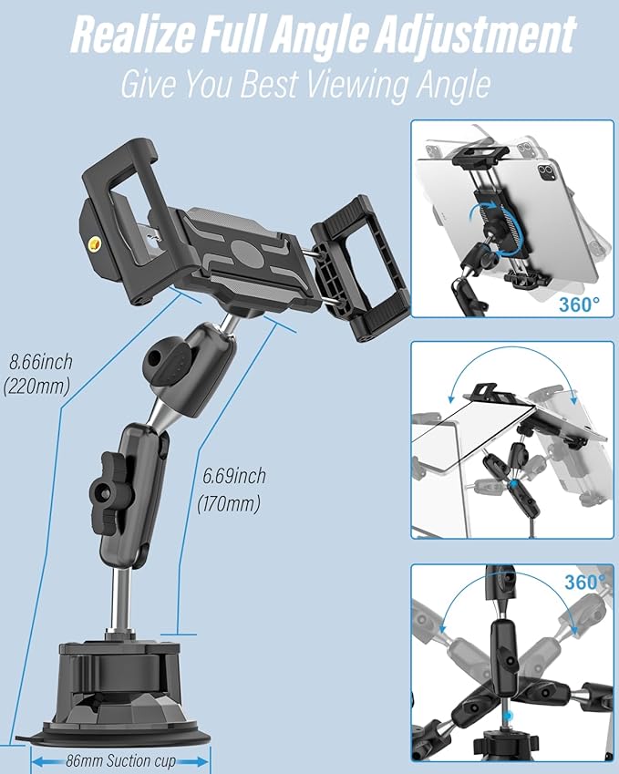 woleyi Tablet Holder for Car Truck Heavy Duty Suction Cup [Large Clamp] [Thick Case Friendly] Tablet Mount for Windshield, Dashboard, Window, for iPad Pro Air Mini, iPhone, Galaxy Tab, 6-15.6 Devices