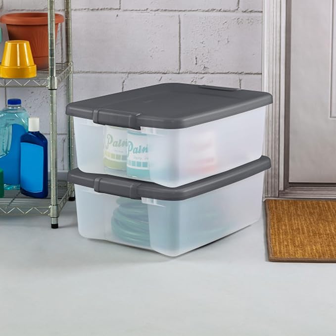 Sterilite 6-Pack ShelfTote, Clear Plastic Storage Bins with Lids, 25 Quart, Gray - Stackable Organizing Container Boxes for C