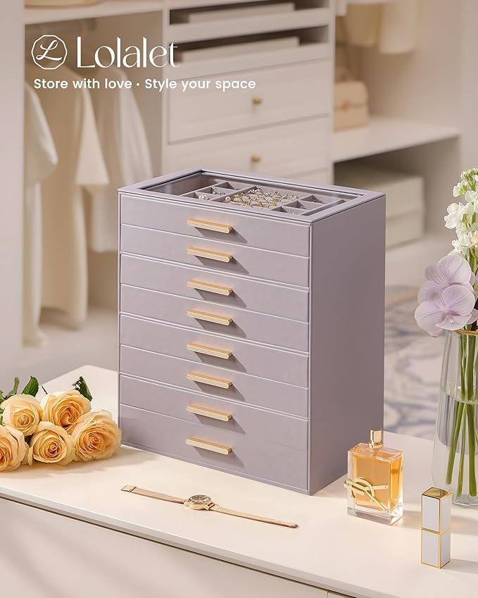 Lolalet Jewelry Box Organizer, 8-Layer Jewelry Organizers and Storage Case with Glass Lid, Ring Earring Bracelet Necklace Hol