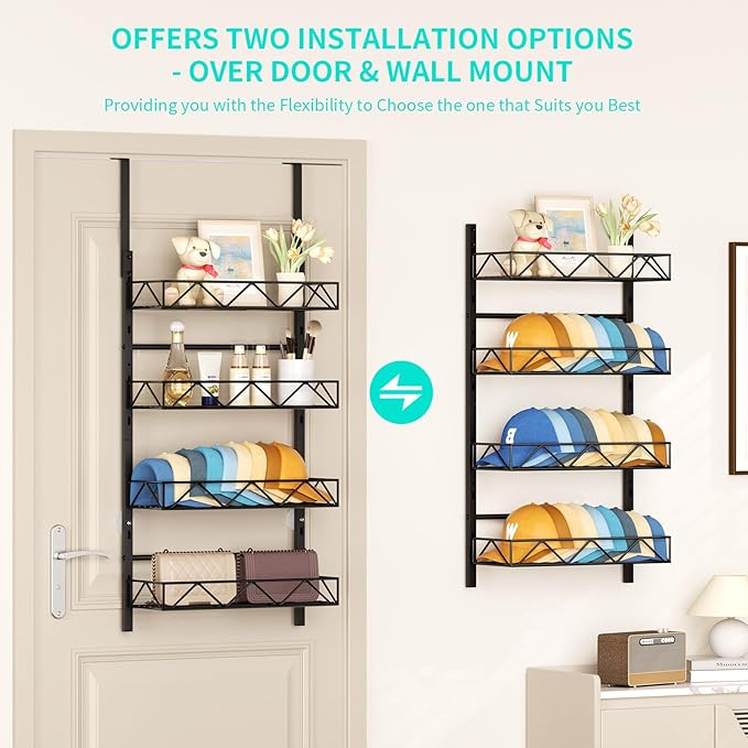 HapiRm Over the Door Hat Organizer - 4 Tier Wall Mounted Hat Rack with 4 Adjustable Metal Basket, Baseball Caps Organizer Sto