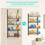 HapiRm Over the Door Hat Organizer - 4 Tier Wall Mounted Hat Rack with 4 Adjustable Metal Basket, Baseball Caps Organizer Sto