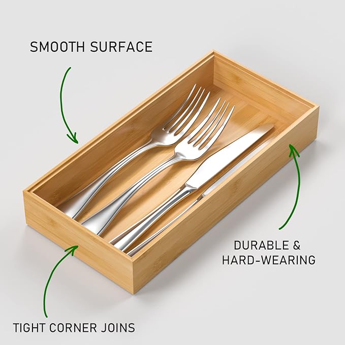 VeyFey Silverware Tray for Drawer, Stackable Kitchen Bamboo Drawer Organizer 12" x 6" x 2" Set of 2