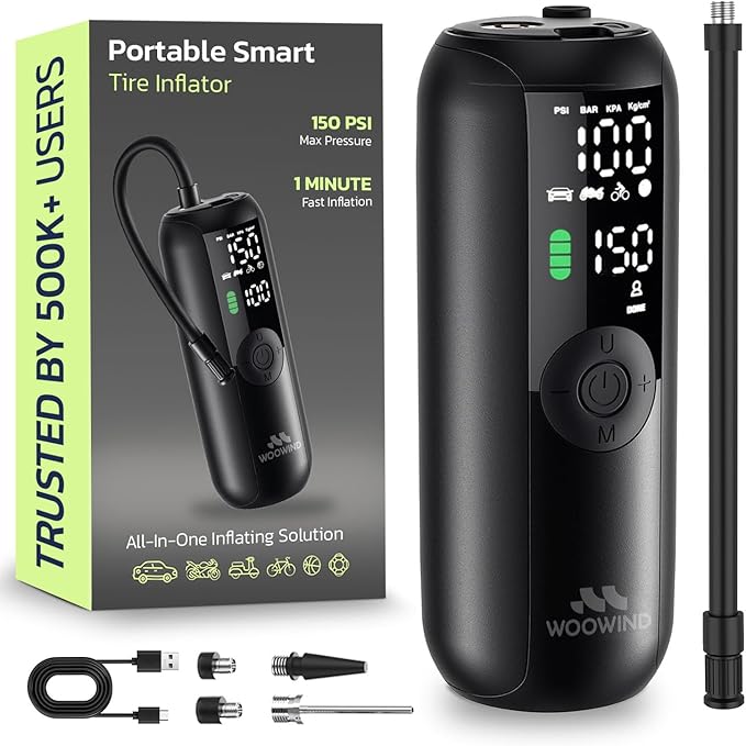 Woowind LP1 Bike Pump Portable Air Compressor, Tire Inflator for Car, 1 Minute Inflation, 150PSI Air Pump for Car Tires, Bikes, Motorcycles, Balls - with Digital Pressure Gauge