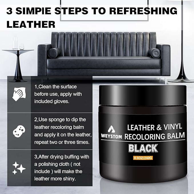 Leather Recoloring Balm - Black Leather Repair Kit for Furniture, Dye, Recolor, Renew, Repair & Restore Aged, Faded, Cracked,