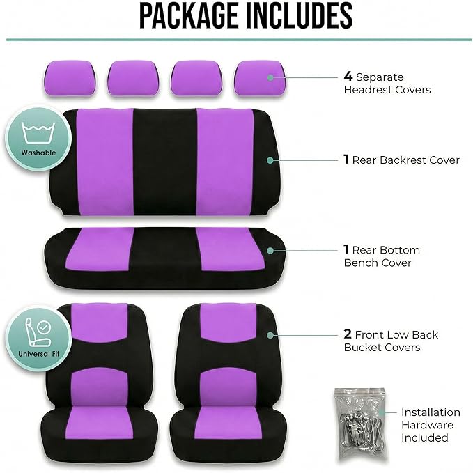 FH Group Automotive Seat Covers Flat Cloth Full Set Purple Car Seat Covers, Rear Solid Bench Universal Fit and Car Seat Prote