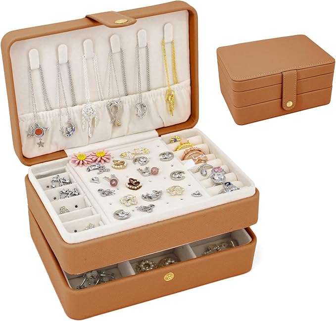 KOOAAICCHI Small Jewelry Box, Travel Jewelry Organizer, Portable Jewelry boxes for Women Girls Gift, Double Layers PU Leather