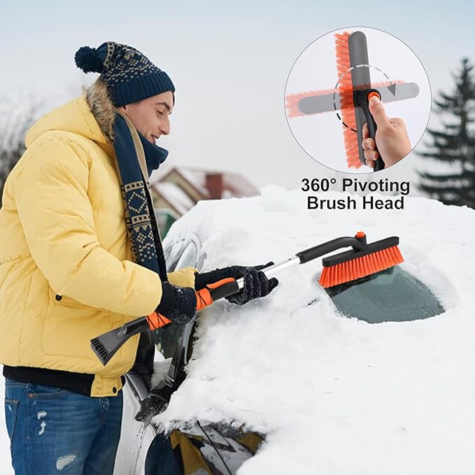 Odoland 33" Extendable Snow Brush with Detachable Ice Scraper for Car Windshield with Foam Grip and 360° Pivoting Brush Head for Christmas Car Auto Truck SUV, Orange