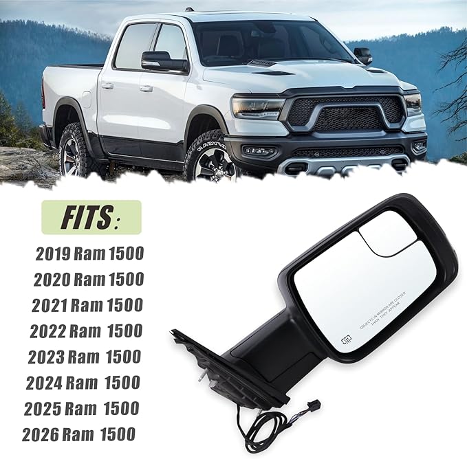 Right Passenger Side Mirror Compatible With 2019-2026 Ram 1500 With Manual Folding Power Glass Heated Turn Signal Puddle Light Matte Black Replace#5ZK42KARAH (8Pins)