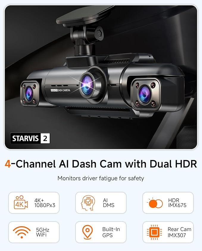 4K STARVIS 2 Dash Cam Front and Rear, 360° 4 Channel Dash Camera for Cars, Car Video Recorder with AI Driver Monitor System, 
