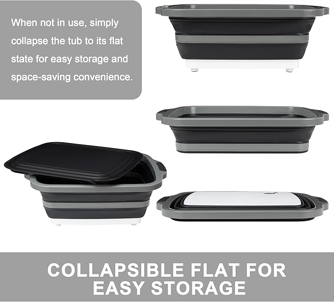 Tiawudi Large Collapsible BBQ Prep Tub with Lid(4.22 Gal/16L), Foldable Camping Sink with Colander, Cutting Board, Dish Basin