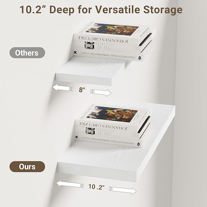 Vivelove 10 in Deep Floating Shelves for Wall, 16" x 10.2" x 1.5" Shelves for Room Wall Mounted, 1.5 Inch Thick Shelf for Bat