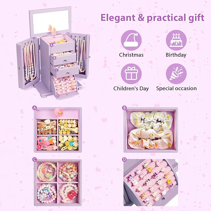 Emfogo Musical Jewelry Box for Girls, Large Kid Music Box with Ballerina for Birthday Bedroom Decor, 5 Layer Girl Jewelry Gif