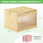 Hanging File Box Organizer for Letter Size 2 Pack, Bamboo Acrylic File Folder Storage with Lid Clear Wooden Moving Boxes Wood