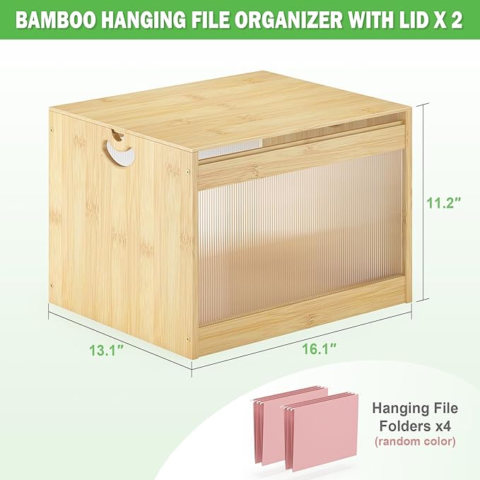 Hanging File Box Organizer for Letter Size 2 Pack, Bamboo Acrylic File Folder Storage with Lid Clear Wooden Moving Boxes Wood