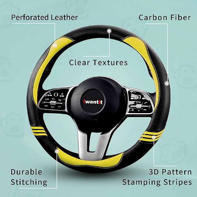Iwantit® Steering Wheel Covers with Leather and Anti-Slip Rubber Ring, Universal Fit 14.5-15 inches for Cars,SUV (Yellow/Blac