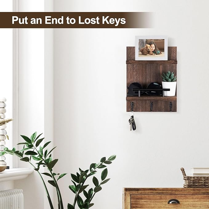 Key Holder Wall Mount, Mail Shelf Decor with 3 Key Hooks, Versatile Wood Wall Organizer for Entryway Hallway (8.2” x 10.6”x 3