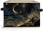 Mystical Crescent Moon Star Celestial Storage Box Bins, Moody Starry Night Sky Collapsible Storage Basket Organizer for Bedro