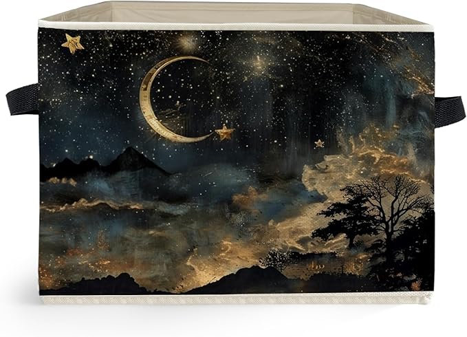 Mystical Crescent Moon Star Celestial Storage Box Bins, Moody Starry Night Sky Collapsible Storage Basket Organizer for Bedro