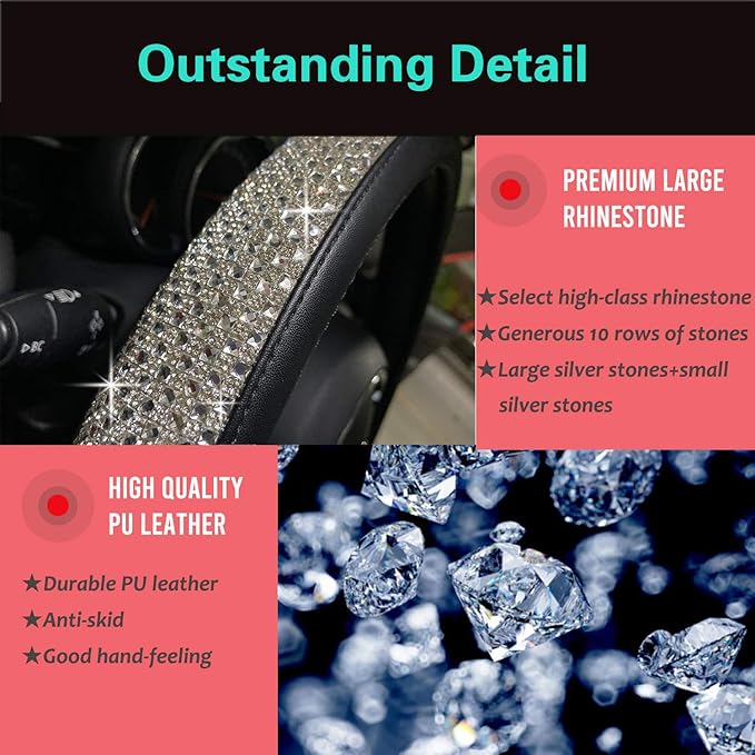PINCTROT Large Size Bling Comfy Steering Wheel Cover with Jumbo Crystal Rhinestones, Anti-Slip Diamond Leather, 15.5-15.75 Inch (Silver)