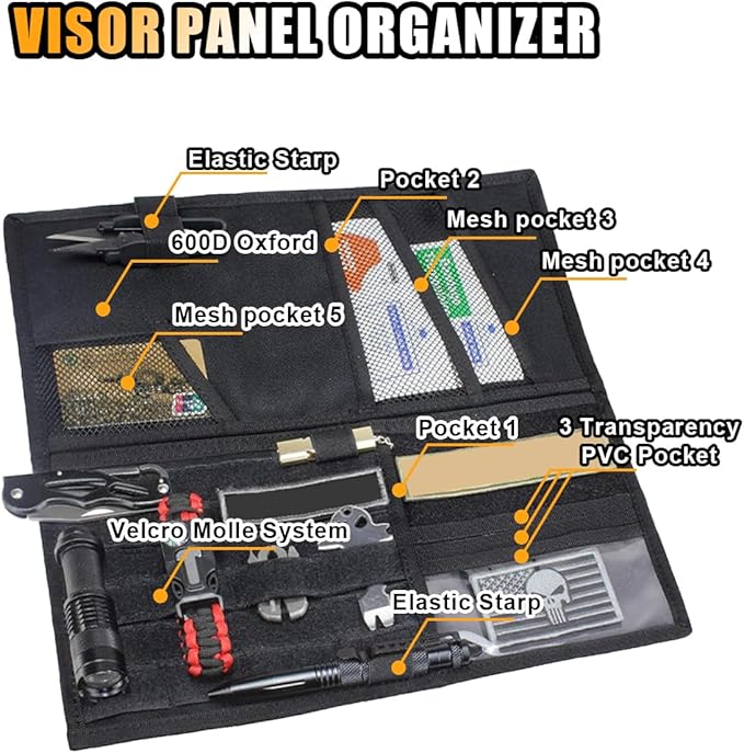Tactical Molle Car Sun Visor Organizer, Large Molle Visor Panel Storage Pouch Holder, Tactical Gear Truck Storage Shelf, 600D Car Sunshade Storage Bag for Large Vehicle (Black)
