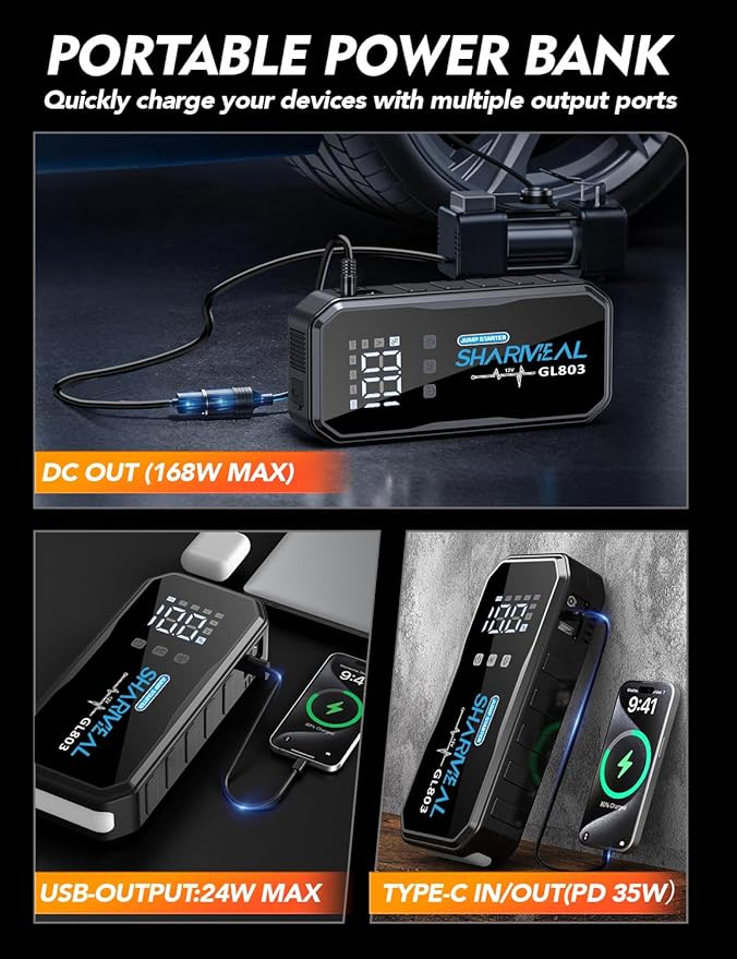 Sharmeal 22-in-1 9000A Jump Starter, 24000mAh Car Booster Pack with 80W AC Outlet & PD 35W Super Fast Charging, 12V Jump