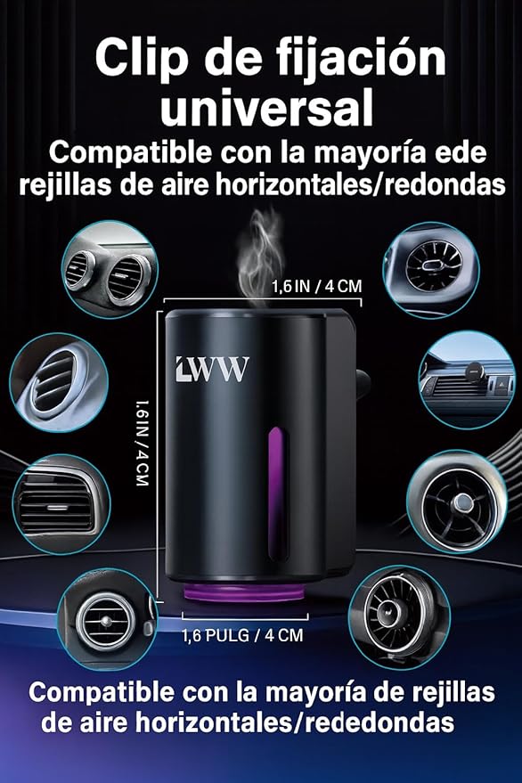 LWW Smart Car Air Freshener - 3 Levels Strength with Ventilation Clip, Rechargeable Car Fragrance Atomizer - with 8 10ml Bott
