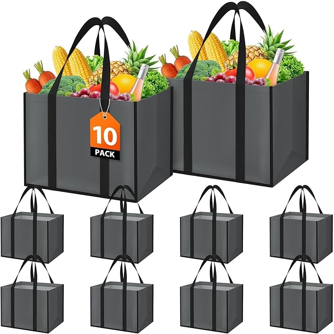 WISELIFE Reusable Grocery Bags with Handles - 10 Pack, 35L Large Shopping Bags for Groceries, Water-Resistant & Foldable Grocery Totes for Lasting Use for Kitchen, Market, Car Trunk, Picnic (Gray)