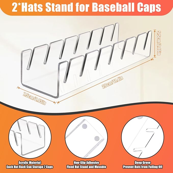 Hat Stand for Baseball Caps, 2 Pack No Install Acrylic Hat Organizer for 14 Baseball Caps Storage Organizer, Hat Racks Hat Ho