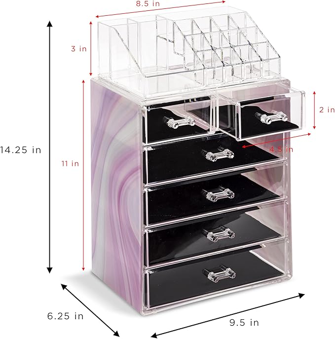 Sorbus Acrylic Makeup Organizer Set, 6-Drawer Vanity & Countertop Cosmetic Storage with Small & Wide Compartments, Tie Dye Ma