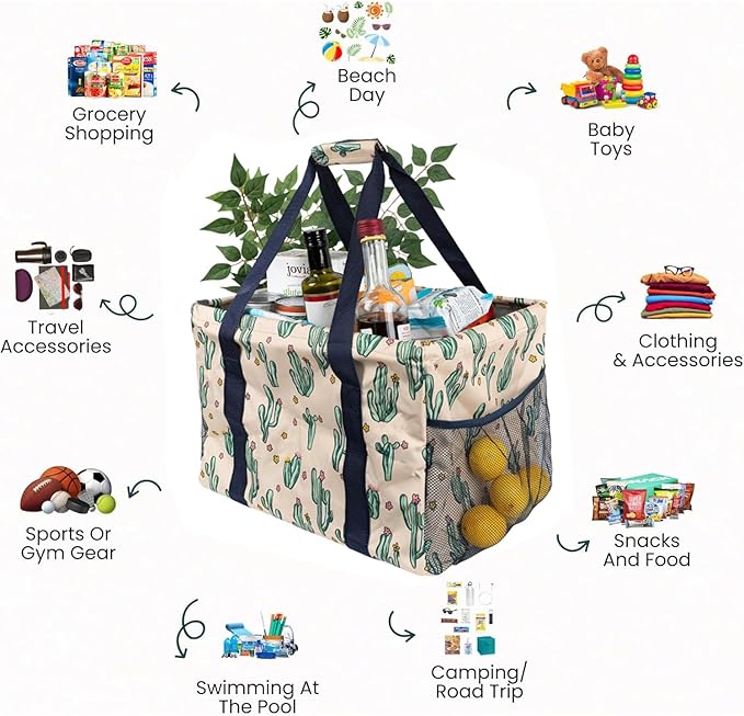 Extra Large Utility Tote Bag - Oversized Collapsible Tote with Wire Frame, Durable Reusable for Beach, Groceries, Laundry, Car Trunk, Storage and Travel - Includes 5x7 Bag with Hook - Cactus