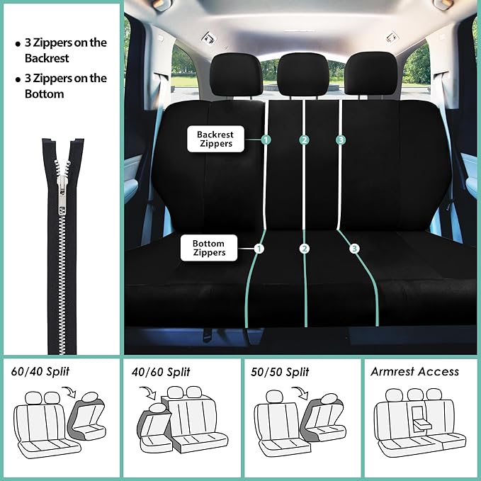 FH Group Car Seat Covers Rear Set Cloth - Universal Fit Automotive Seat Covers, Low Back Front Seat Covers, Solid Back Seat C