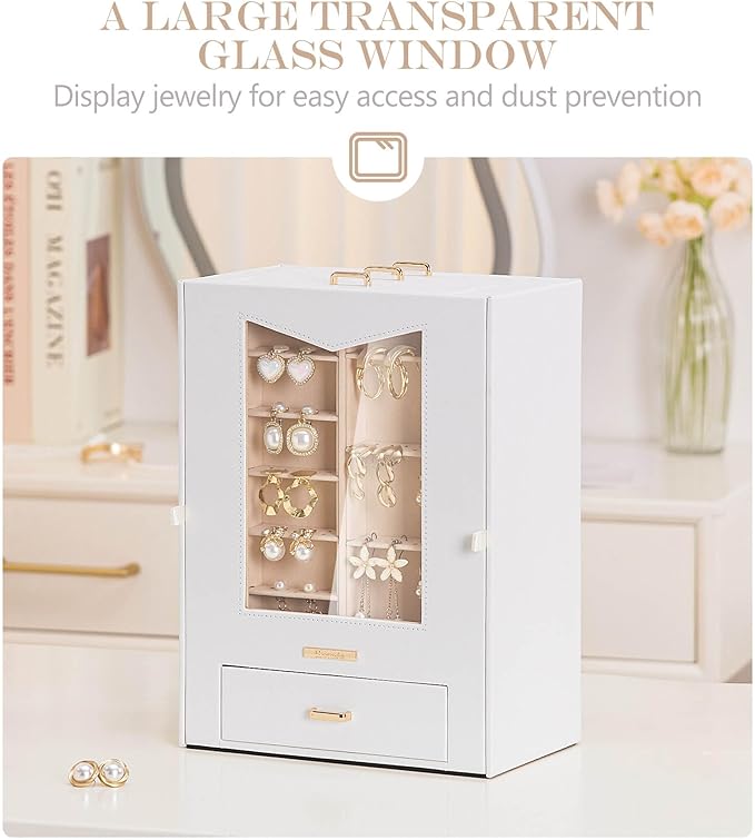 Homde Jewelry Organizer with Transparent Window Necklace Hooks Gift for Women Jewelry Box Display Case for Necklaces Rings Ea