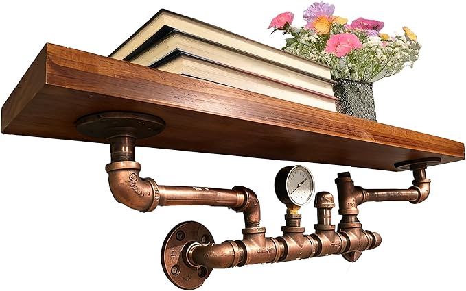 31.5 Inches Wide Carbonized Pine Wood Wall Shelf - Premium Nordic Pine & Cast Iron Wall-Mounted Rack Rutic Storage Shelf for 
