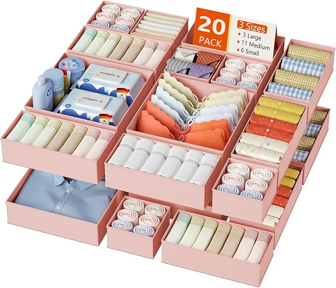 DIMJ Drawer Organizer Clothes, 20 Pack Dresser Organizer, Foldable Closet Organizers and Storage, Fabric Dresser Bins, Drawer