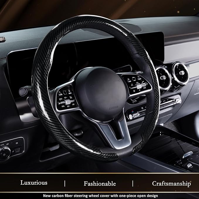 Aimato Car Steering Wheel Cover Carbon Fiber, Ultra-Thin Car Steering Wheel Cover,Comfortable & Breathable Microfiber,Universal Fit for Most Cars, Bright Black